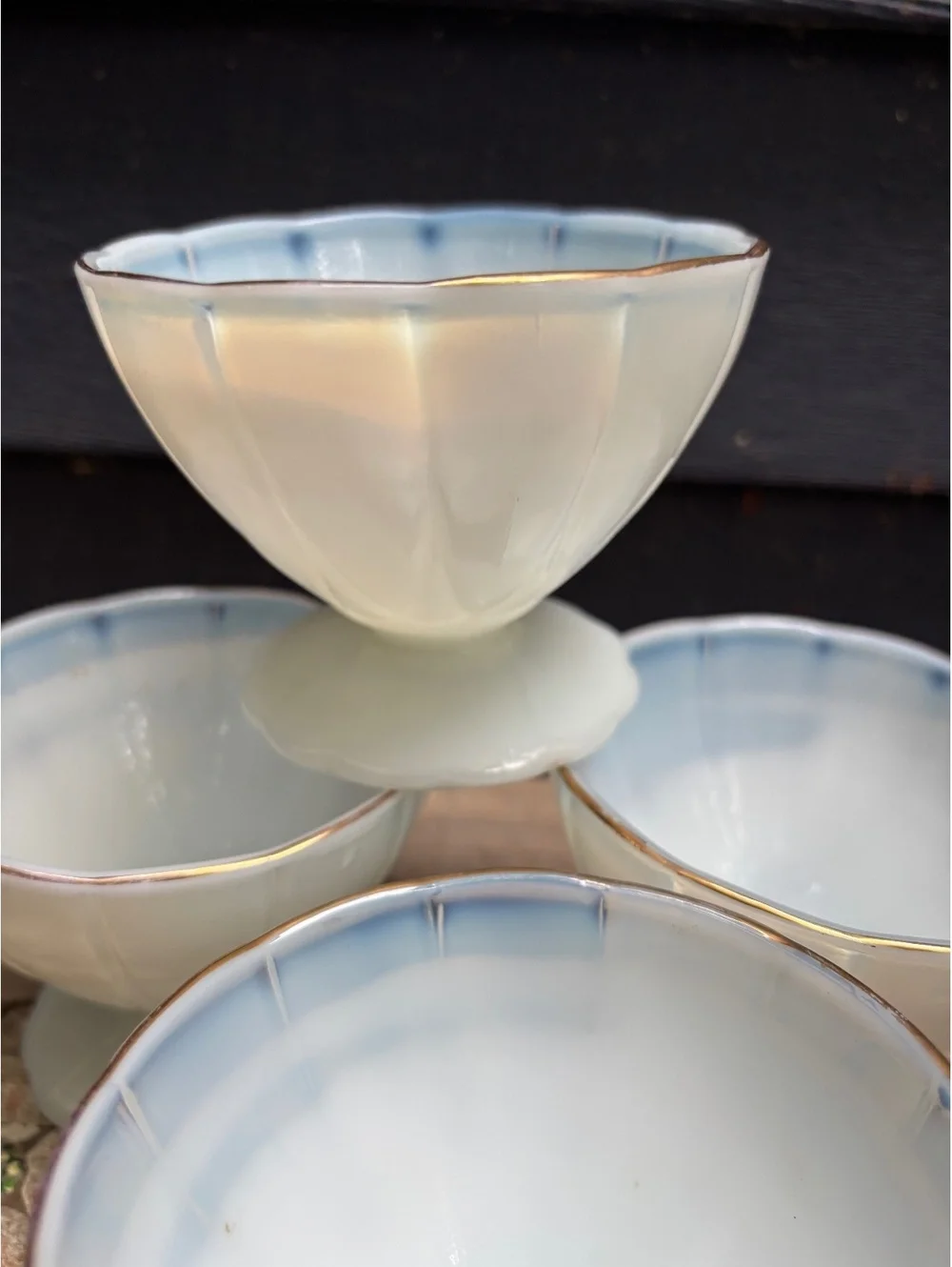 Vintage Opalescent Footed Dessert Bowls Set of 4, Gold Rim, Mid Century